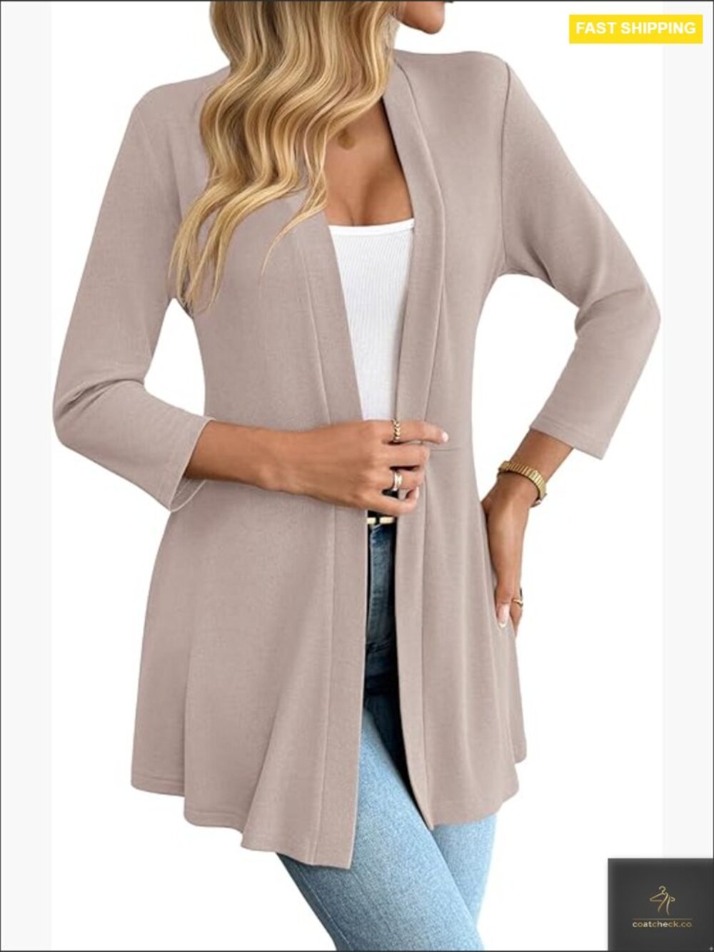 Lightweight Flowy Cardigan 3/4 Sleeves Open Front Cinched Waist Skirt Hem